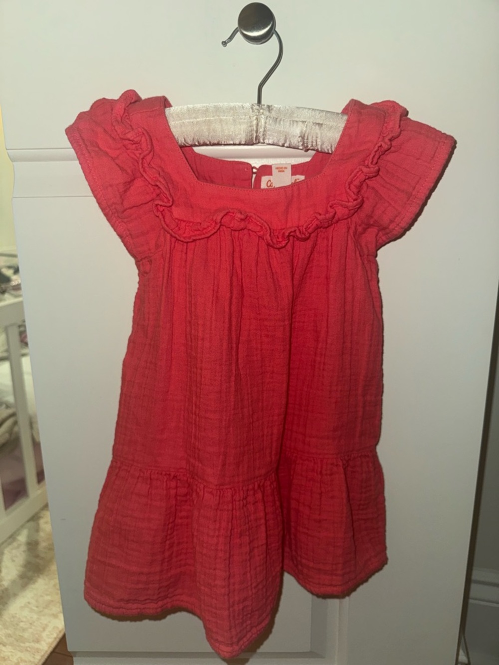 Girls Coral Ruffle Neck Cotton Dress